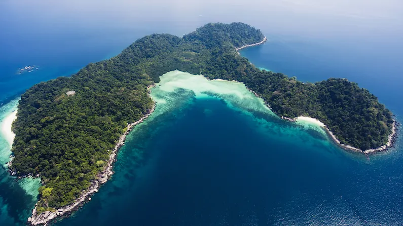 Drone photo of an island in the Andaman Sea, Thailand