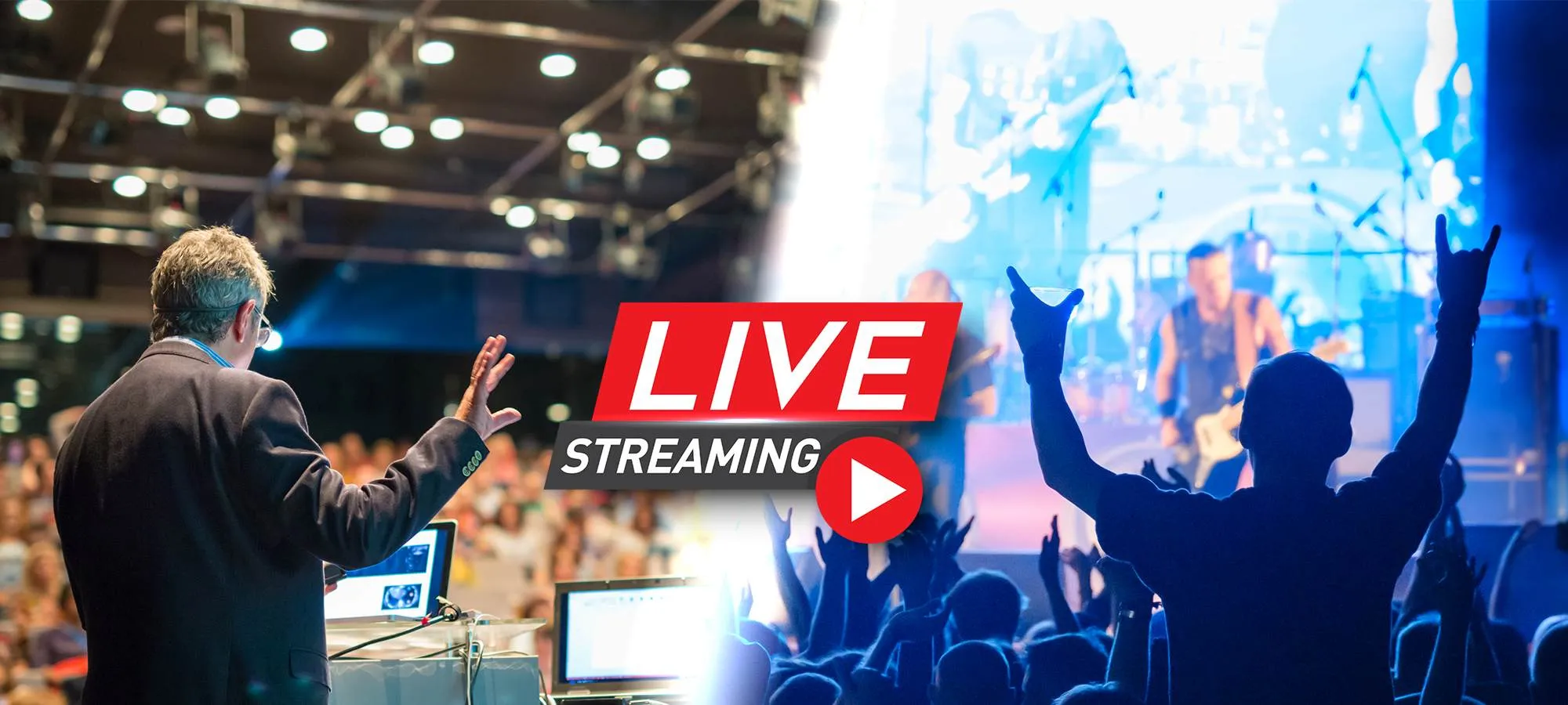 Speaker on stage and a concert crowd with a Live Streaming graphic