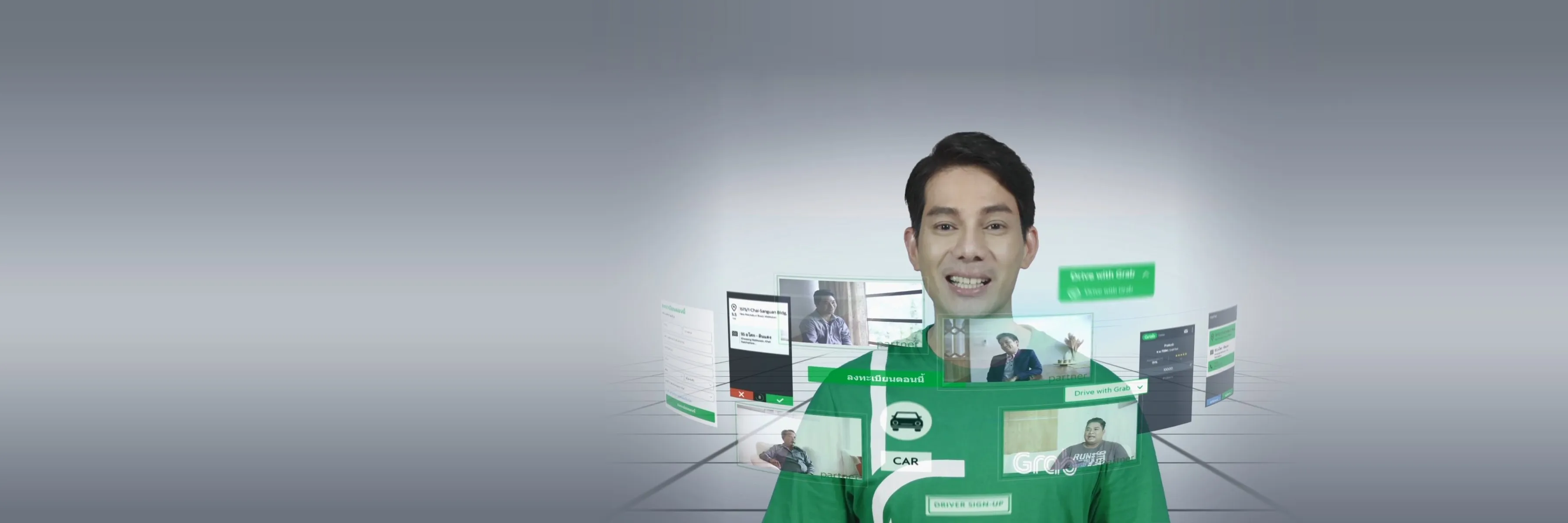 Presenter surrounded by animated motion graphics panels in a Grab commercial