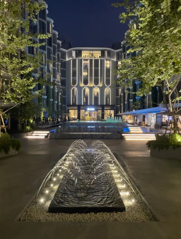 Film location scouted by Bangkok Production Company in Thailand: hotel fountain at night