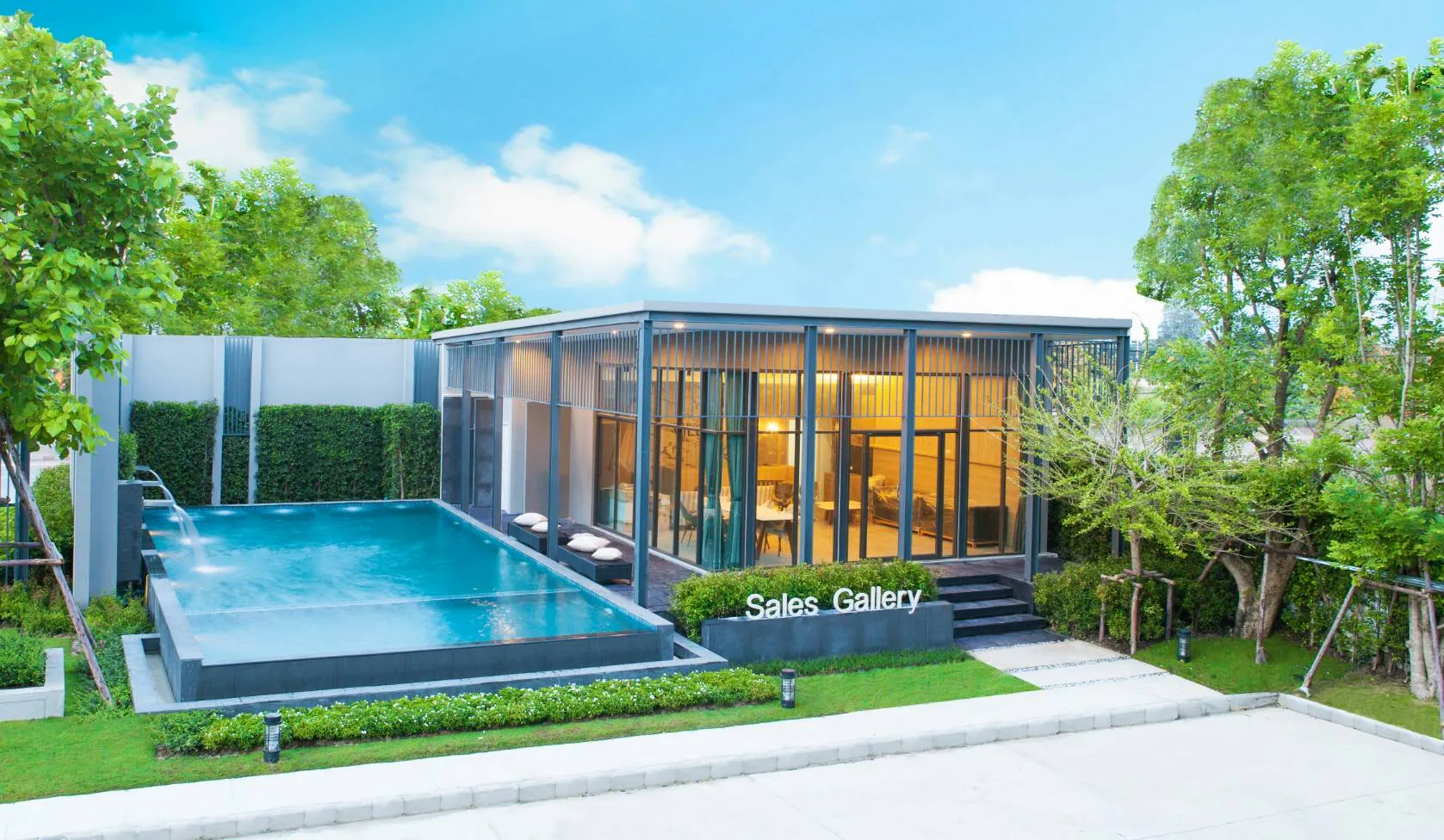 Pool and glass pavilion, architectural photo