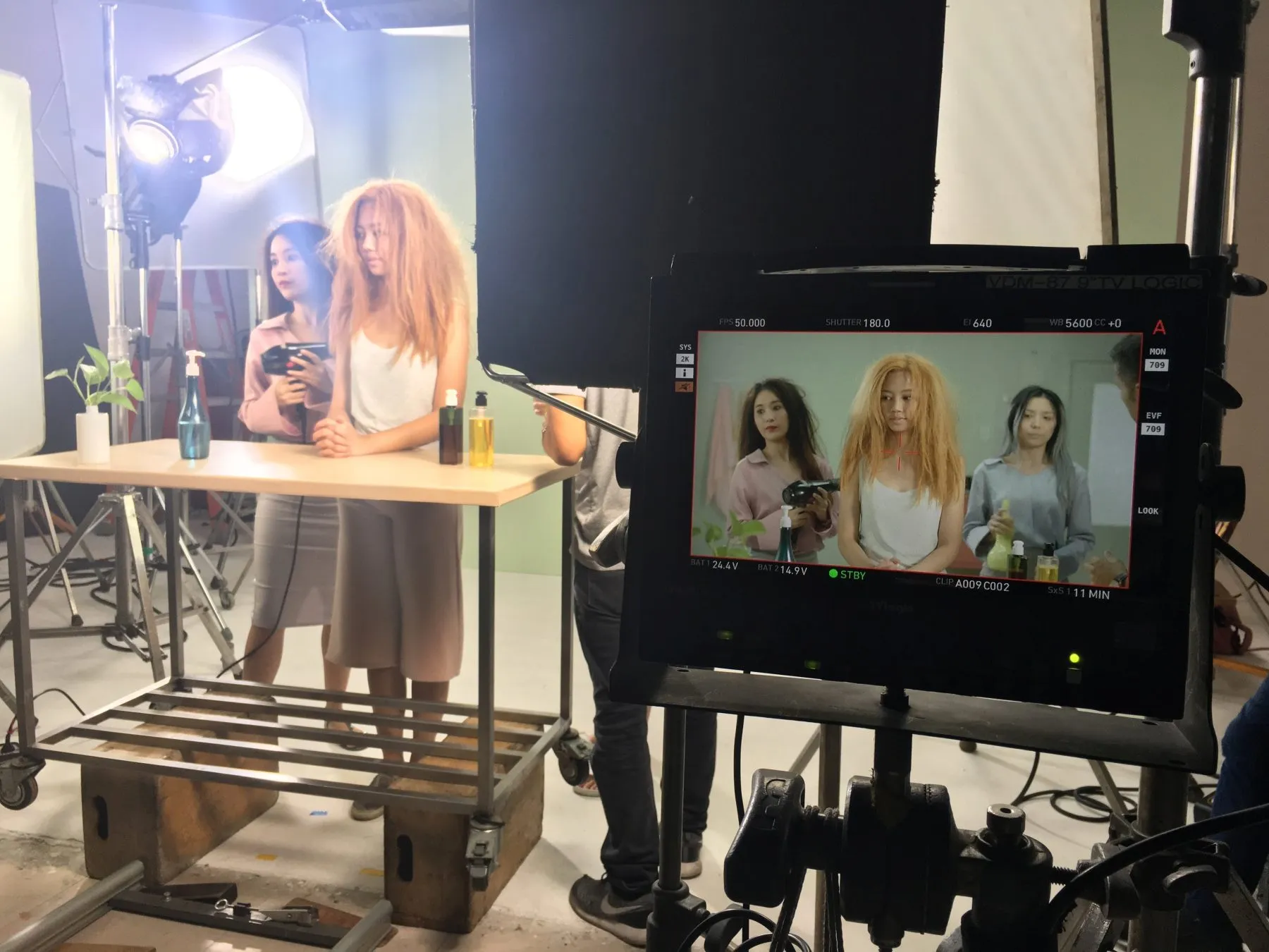 Director’s monitor showing three actresses during a Pantene commercial shoot