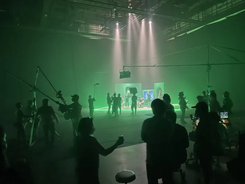 Film crew on a green screen stage in Bangkok