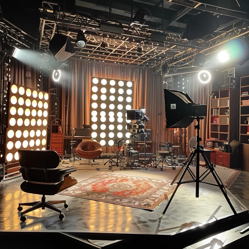 Crowdfunding video production studio with lights and an armchair