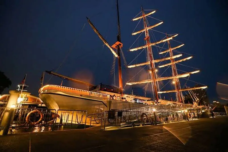 Film location scouted by Bangkok Production Company in Thailand: tall ship lit up at night
